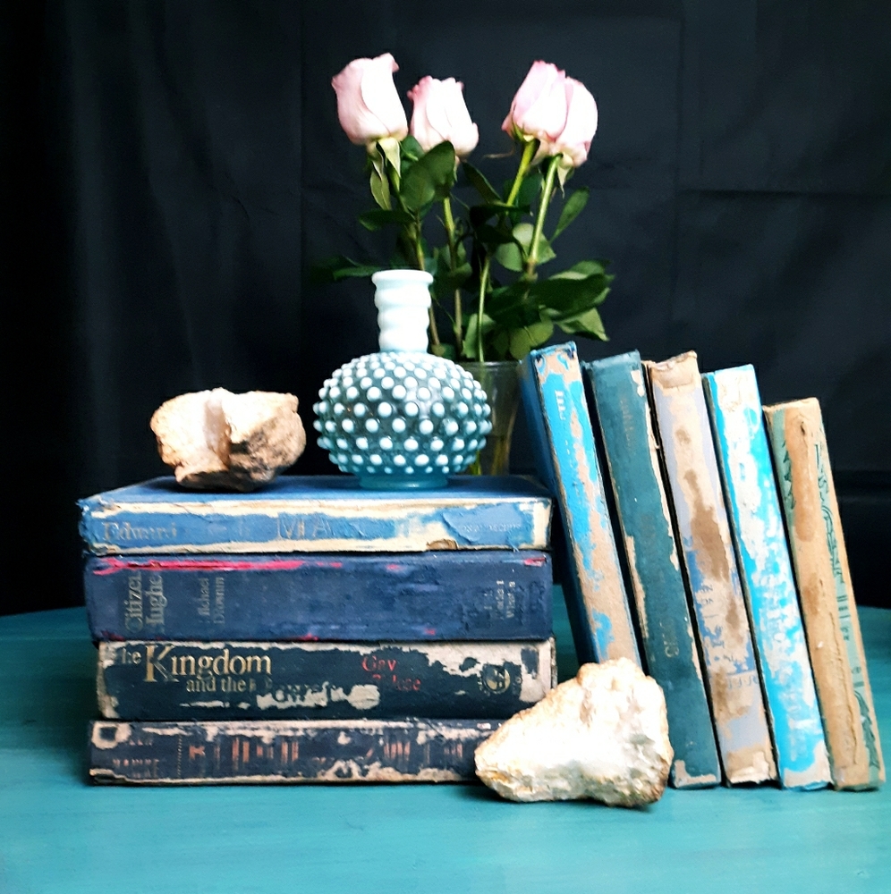 Farmhouse style shabby chic antiqued book stack